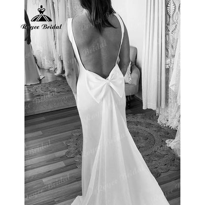 Simple Scoop Neckline Soft Satin Mermaid Open Back Wedding Dress with Bow Bridal Gowns Sleeveless sukienka na wesele Roycebridal