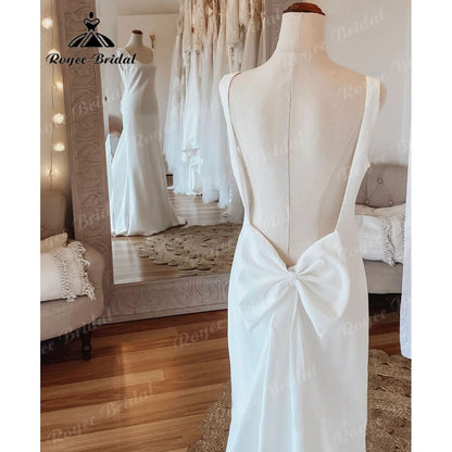 Simple Scoop Neckline Soft Satin Mermaid Open Back Wedding Dress with Bow Bridal Gowns Sleeveless sukienka na wesele Roycebridal