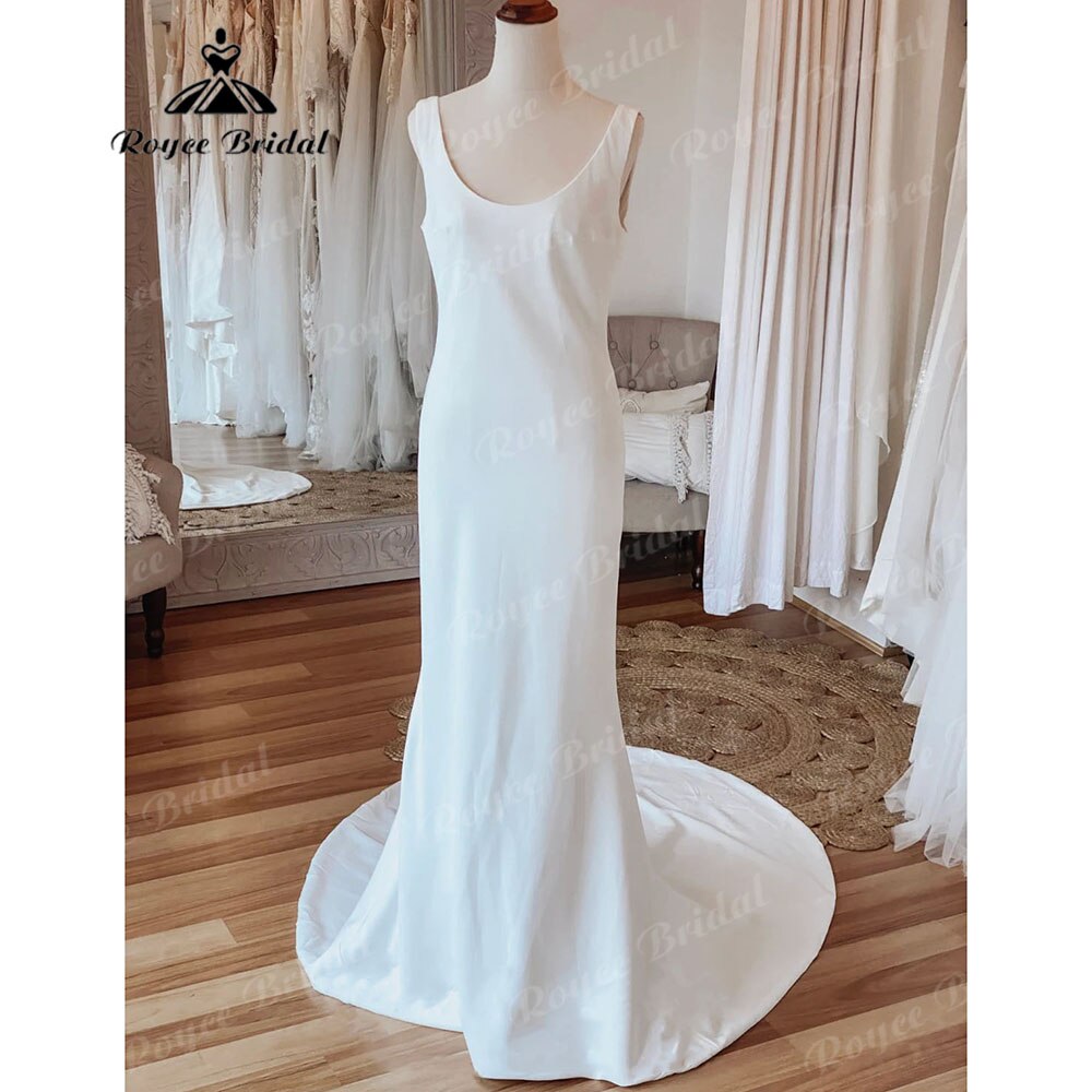 Simple Scoop Neckline Soft Satin Mermaid Open Back Wedding Dress with Bow Bridal Gowns Sleeveless sukienka na wesele Roycebridal