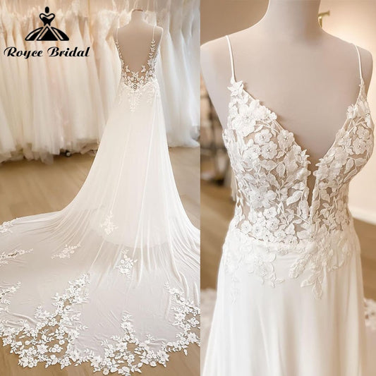 Spaghetti Straps Boho Wedding Dress Deep V Neck Chiffon Backless  A Line Beach Bridal Gown