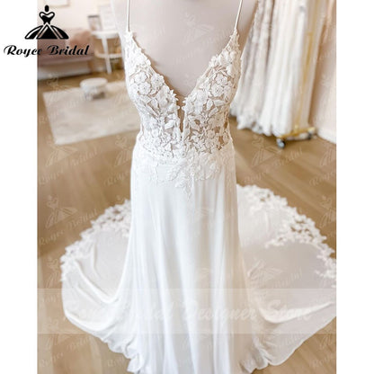 Spaghetti Straps Boho Wedding Dress Deep V Neck Chiffon Backless  A Line Beach Bridal Gown