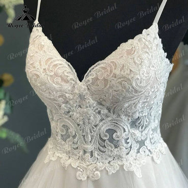 Spaghetti Straps Wedding Dress with Detachable Bow V Neck Lace Bodice 2022 Backless Bestidos de Novia Elegant Bridal Boho Bridal