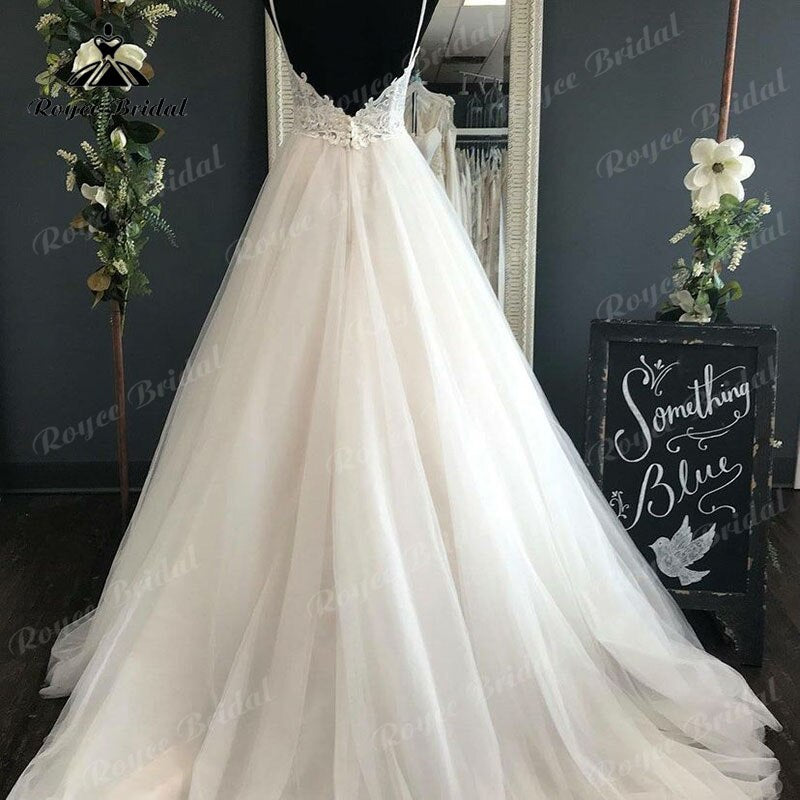 Spaghetti Straps Wedding Dress with Detachable Bow V Neck Lace Bodice 2022 Backless Bestidos de Novia Elegant Bridal Boho Bridal