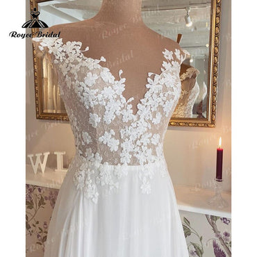 Stunning Robes de Mariage Boho Wedding Dress V Neck Cap Sleeve Lace Chiffon 2022 Vestido Civil Beach Wedding Gown hochzeitskleid