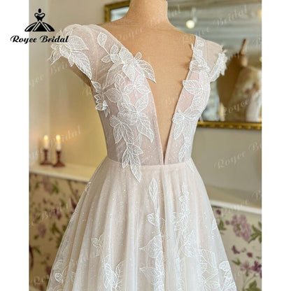 Trouwjurk Gorgeous A Line Wedding Dress Cap Sleeve Lace Appliqued Deep V Neck Blush Pink Bridal Gowns For Women Robe De Mariée