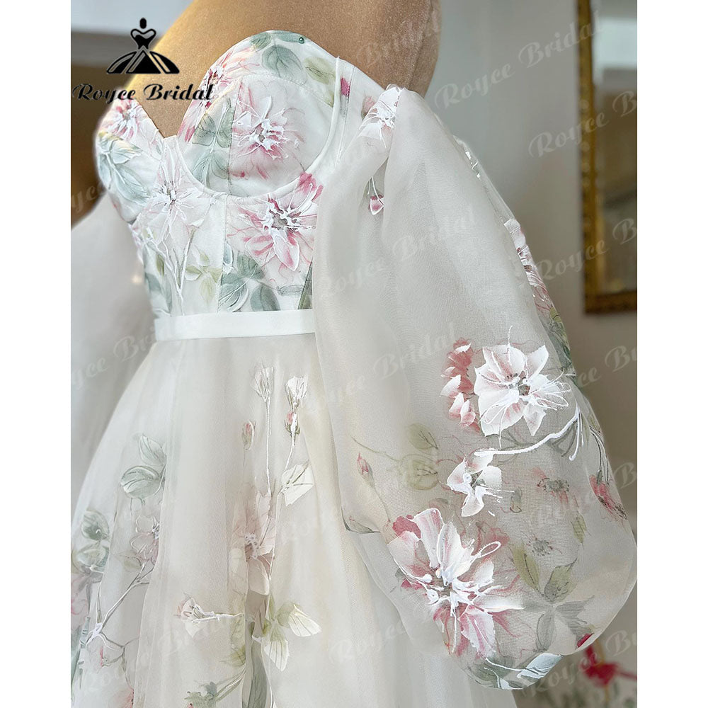 Vinatge Off Shoulder Princess Sweetheart Print Flower Wedding Dress with Detachable Long Puff Sleeve 2025 Wedding Party Dress