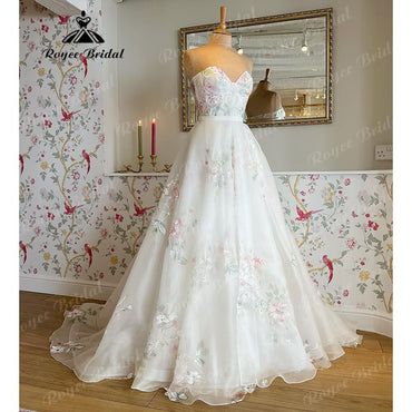 Vinatge Off Shoulder Princess Sweetheart Print Flower Wedding Dress with Detachable Long Puff Sleeve 2025 Wedding Party Dress