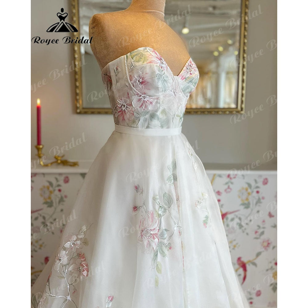 Vinatge Off Shoulder Princess Sweetheart Print Flower Wedding Dress with Detachable Long Puff Sleeve 2025 Wedding Party Dress