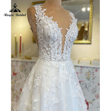 Wedding Dress with V Neck 2025 Luxury Lace Appliques Bride Court Train Wedding Gown for Women Custom Made Vestidos de Novia