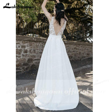 A Line Lace Sleeveless Beach Boho Romantic Wedding Dresses - ROYCEBRIDAL OFFICIAL STORE