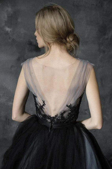 A-line Scoop Black Applique Soft Tulle Wedding Dress - ROYCEBRIDAL OFFICIAL STORE