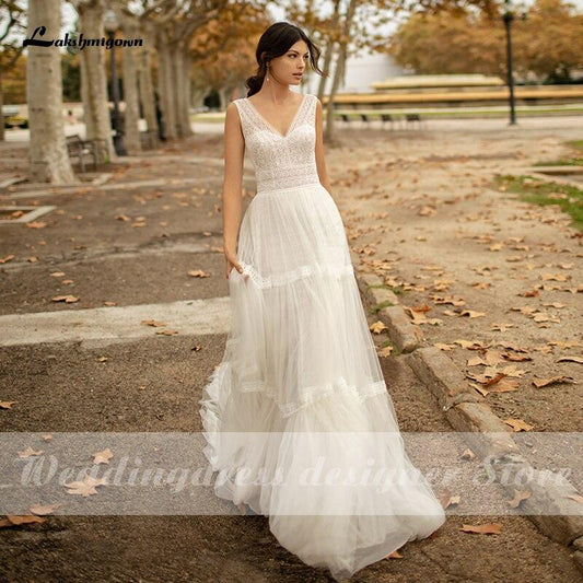 A Line Wedding Dresses V Neck Beach Bohemian - ROYCEBRIDAL OFFICIAL STORE