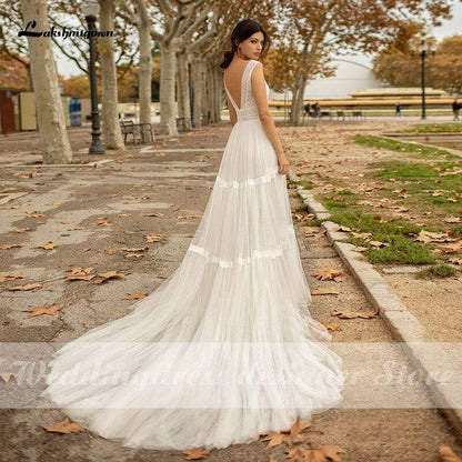 A Line Wedding Dresses V Neck Beach Bohemian - ROYCEBRIDAL OFFICIAL STORE