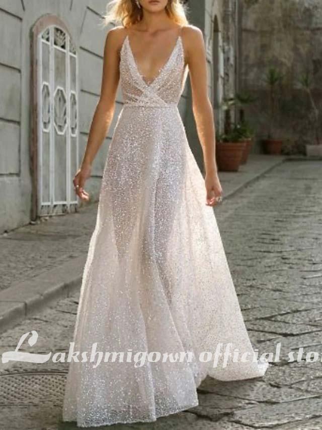 A-Line Wedding Dresses V Neck Spaghetti Strap Boho - ROYCEBRIDAL OFFICIAL STORE