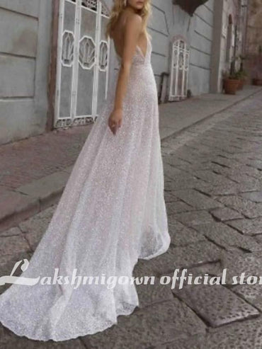 A-Line Wedding Dresses V Neck Spaghetti Strap Boho - ROYCEBRIDAL OFFICIAL STORE