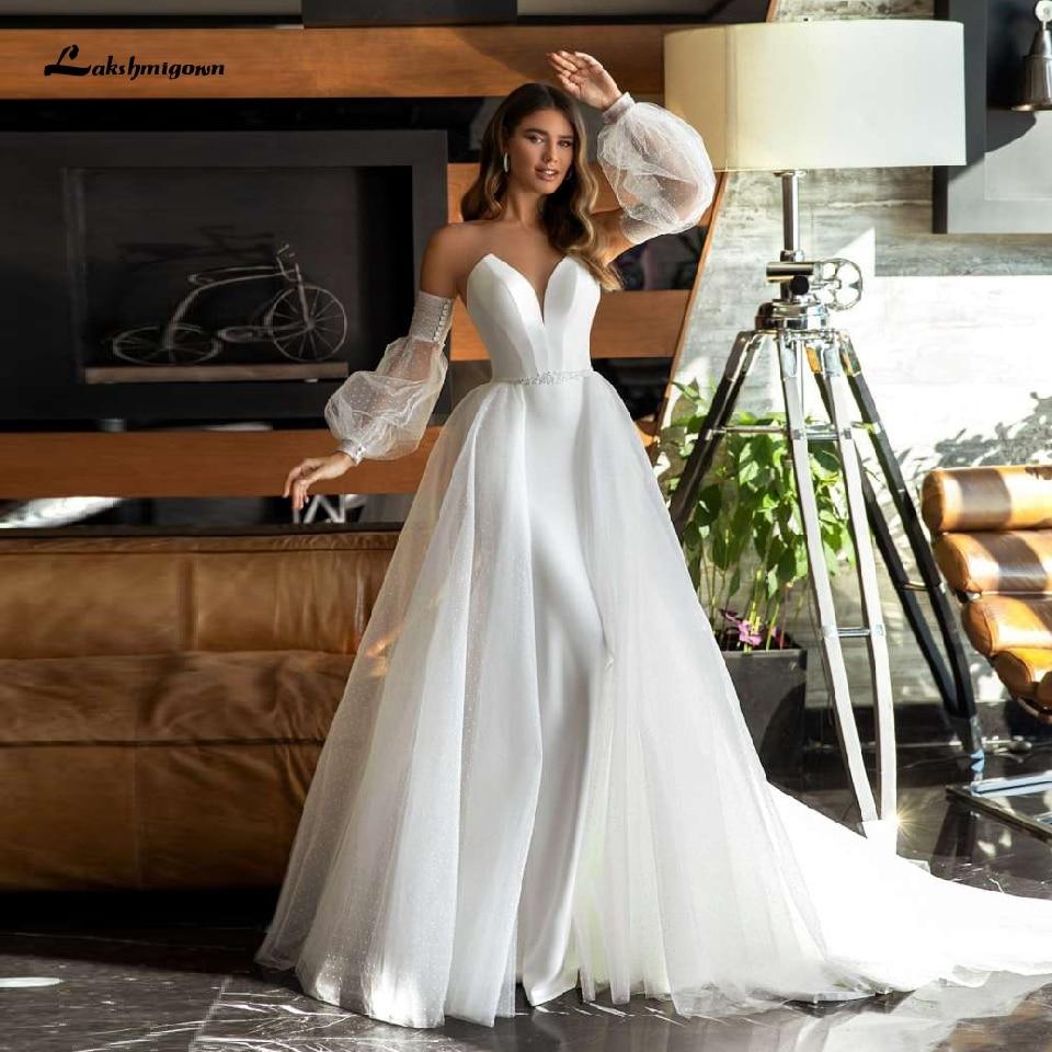 African White Satin Mermaid Wedding Dress 2 in 1Puffy Sleeves - ROYCEBRIDAL OFFICIAL STORE