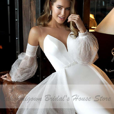 African White Satin Mermaid Wedding Dress 2 in 1Puffy Sleeves - ROYCEBRIDAL OFFICIAL STORE