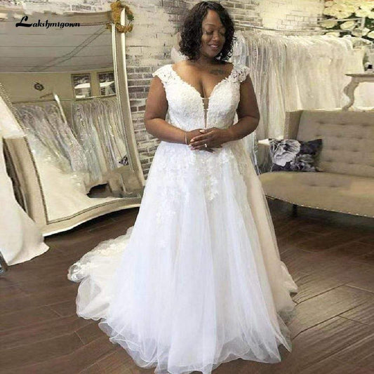 African White Wedding Dress Plus Size Lace Appliques Bridal Dress - ROYCEBRIDAL OFFICIAL STORE