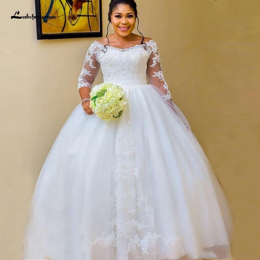 African White Wedding Gowns with Sleeves Plus Size Wedding Dress - ROYCEBRIDAL OFFICIAL STORE