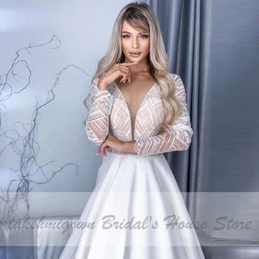 Arabic Women Satin Long Sleeve Wedding Dress - ROYCEBRIDAL OFFICIAL STORE