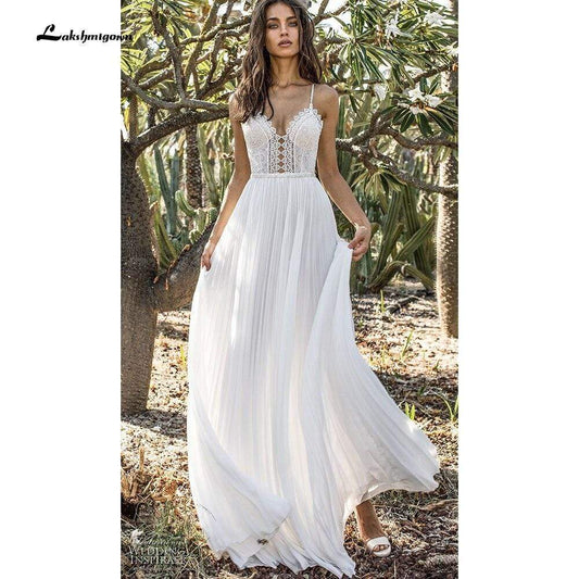 Back Open V Neck Lace Chiffon Wedding Dresses - ROYCEBRIDAL OFFICIAL STORE