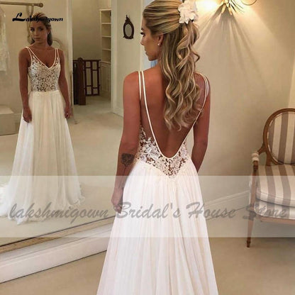 Backless A Line Chiffon Wedding Dress Beach Summer - ROYCEBRIDAL OFFICIAL STORE