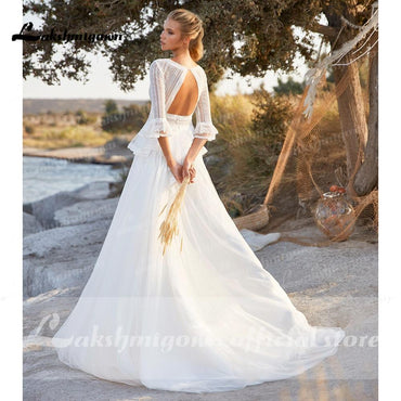 Backless Bohemian style Three Quarter Wedding Dresses - ROYCEBRIDAL OFFICIAL STORE