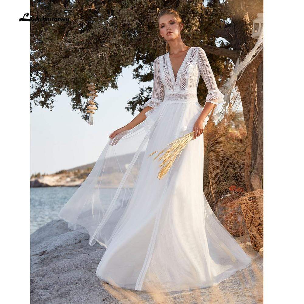 Backless Bohemian style Three Quarter Wedding Dresses - ROYCEBRIDAL OFFICIAL STORE