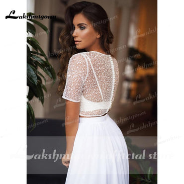 Backless Tulle Short Sleeve Lace Bow Wedding Dresses - ROYCEBRIDAL OFFICIAL STORE