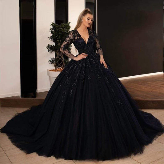 Ball Gown Black GothiC Wedding Dresses Bead Lace Appliques - ROYCEBRIDAL OFFICIAL STORE