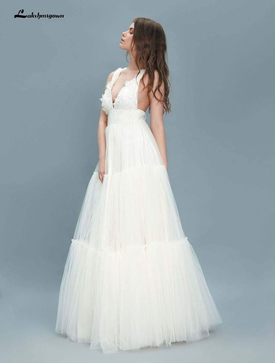 Beach Bohemian A-Line Wedding Dresses Sleevesless Deep V Neck - ROYCEBRIDAL OFFICIAL STORE