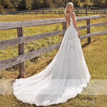 Beach Lace A Line Wedding Dresses with Spaghetti Straps Backless - ROYCEBRIDAL OFFICIAL STORE