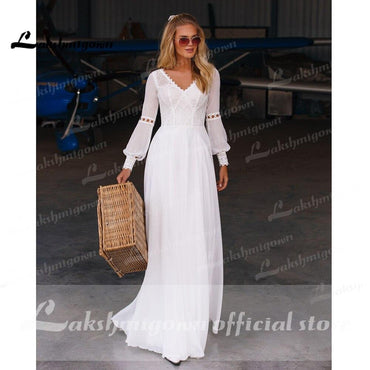 Beach Long Sleeve Chiffon Lace Wedding Dresses - ROYCEBRIDAL OFFICIAL STORE