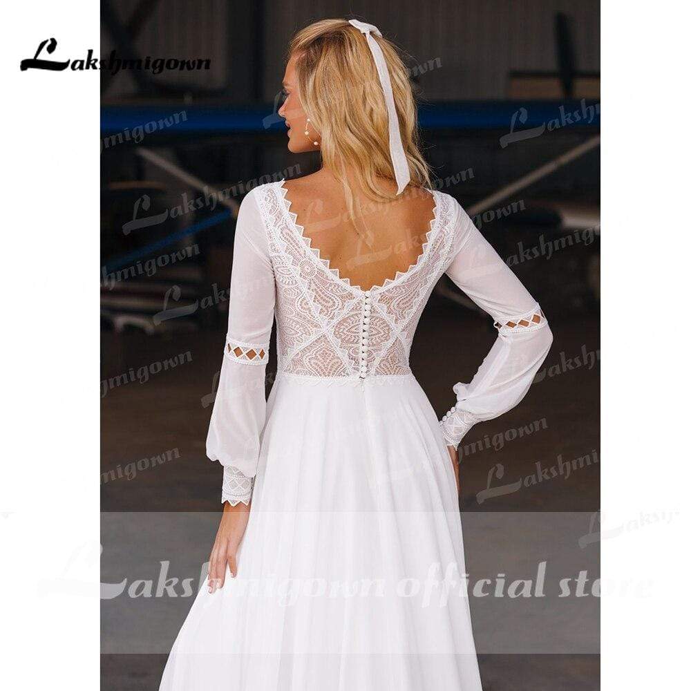 Beach Long Sleeve Chiffon Lace Wedding Dresses - ROYCEBRIDAL OFFICIAL STORE