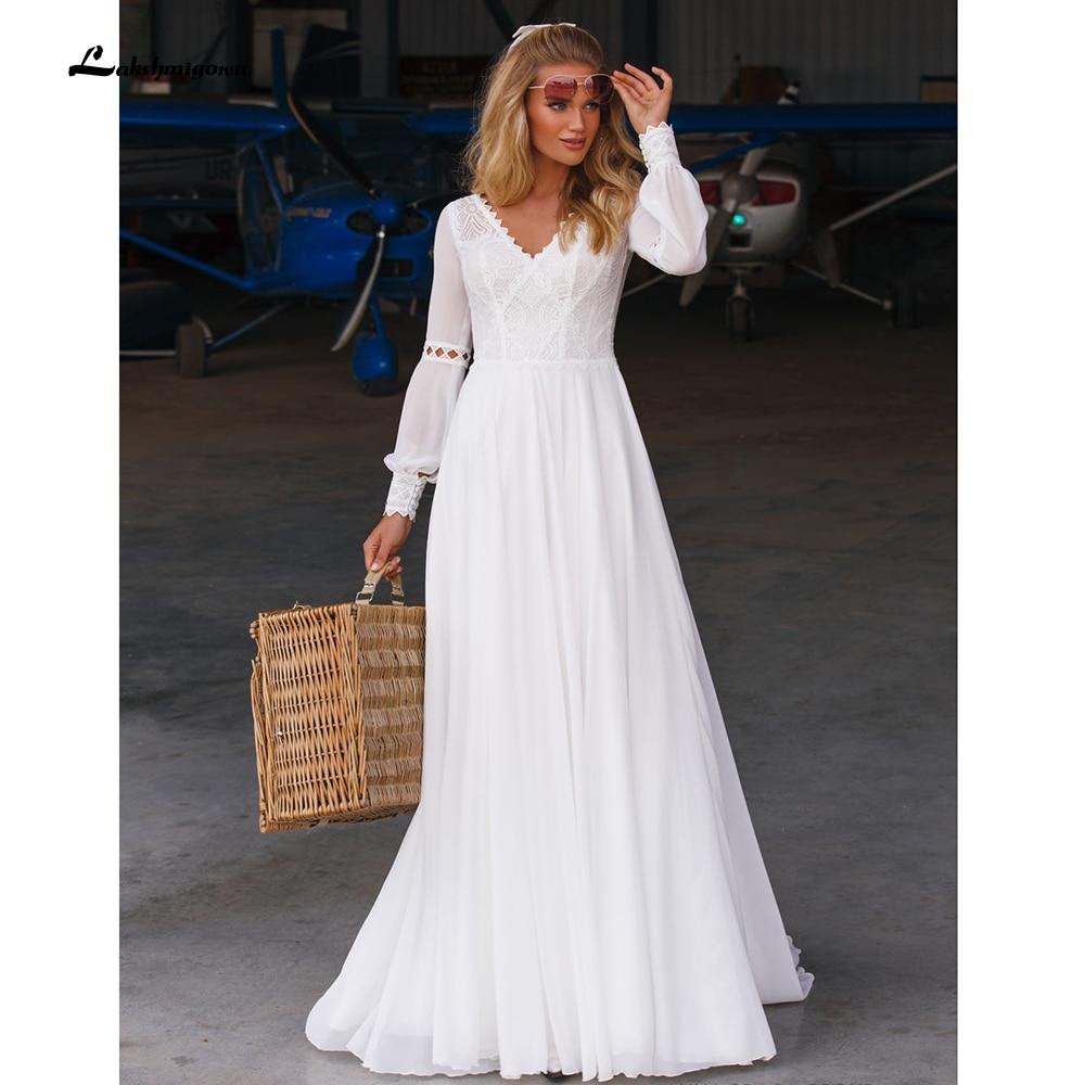 Beach Long Sleeve Chiffon Lace Wedding Dresses - ROYCEBRIDAL OFFICIAL STORE