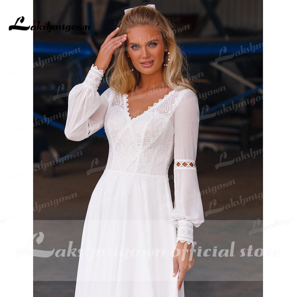 Beach Long Sleeve Chiffon Lace Wedding Dresses - ROYCEBRIDAL OFFICIAL STORE