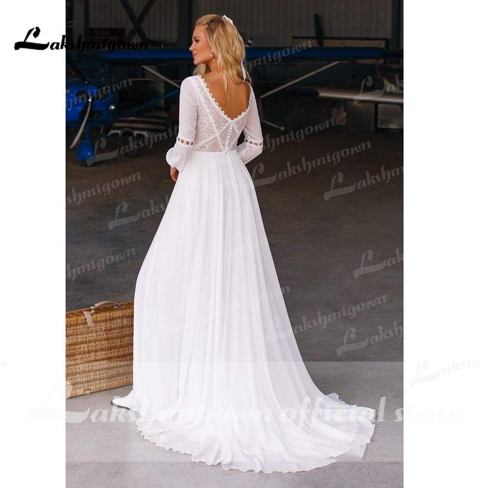 Beach Long Sleeve Chiffon Lace Wedding Dresses - ROYCEBRIDAL OFFICIAL STORE