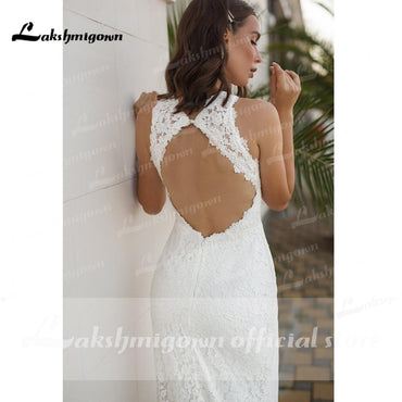 Beach Sleeveless V Neck Lace Satin Backless Wedding Dresses - ROYCEBRIDAL OFFICIAL STORE