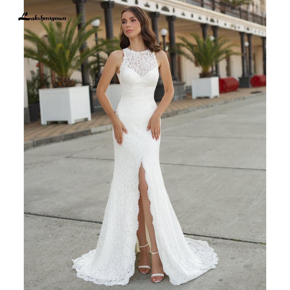 Beach Sleeveless V Neck Lace Satin Backless Wedding Dresses - ROYCEBRIDAL OFFICIAL STORE