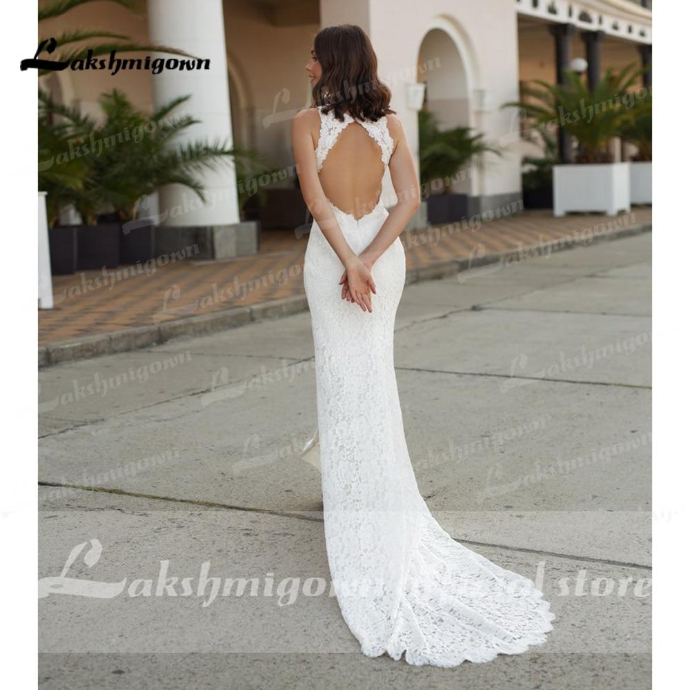 Beach Sleeveless V Neck Lace Satin Backless Wedding Dresses - ROYCEBRIDAL OFFICIAL STORE