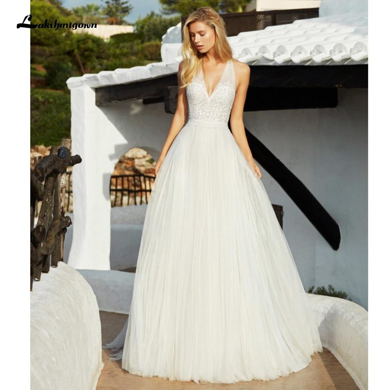 Beach Wedding Dresses Deep V Neck Bridal Gowns Bohomian Floor Length - ROYCEBRIDAL OFFICIAL STORE