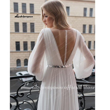 Beach Wedding Dresses Full Sleeve Boho Bridal Gowns Chiffon - ROYCEBRIDAL OFFICIAL STORE