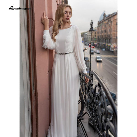 Beach Wedding Dresses Full Sleeve Boho Bridal Gowns Chiffon - ROYCEBRIDAL OFFICIAL STORE