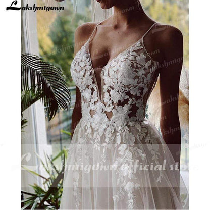 Beach Wedding Dresses Tulle Long Lace Beach Bridal Gown - ROYCEBRIDAL OFFICIAL STORE