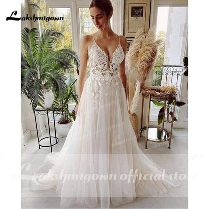 Beach Wedding Dresses Tulle Long Lace Beach Bridal Gown - ROYCEBRIDAL OFFICIAL STORE