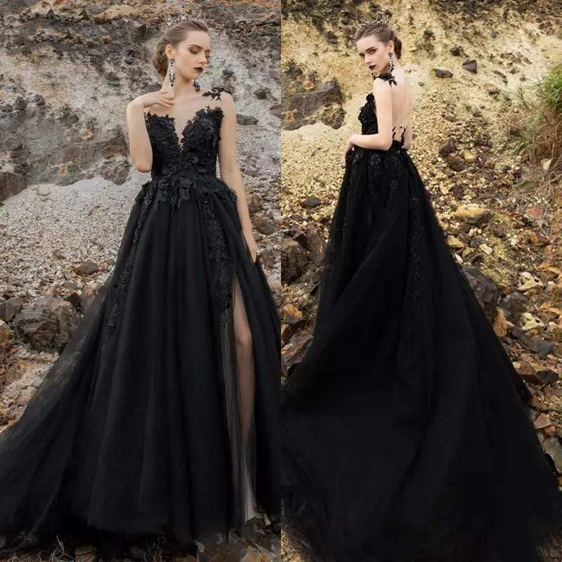 Black Gothic Wedding Dresses High Split Backless Lace - ROYCEBRIDAL OFFICIAL STORE