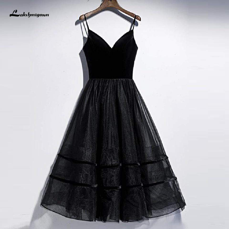 Black Wedding Dress Tea Length Velvet Lace Up Sexy - ROYCEBRIDAL OFFICIAL STORE