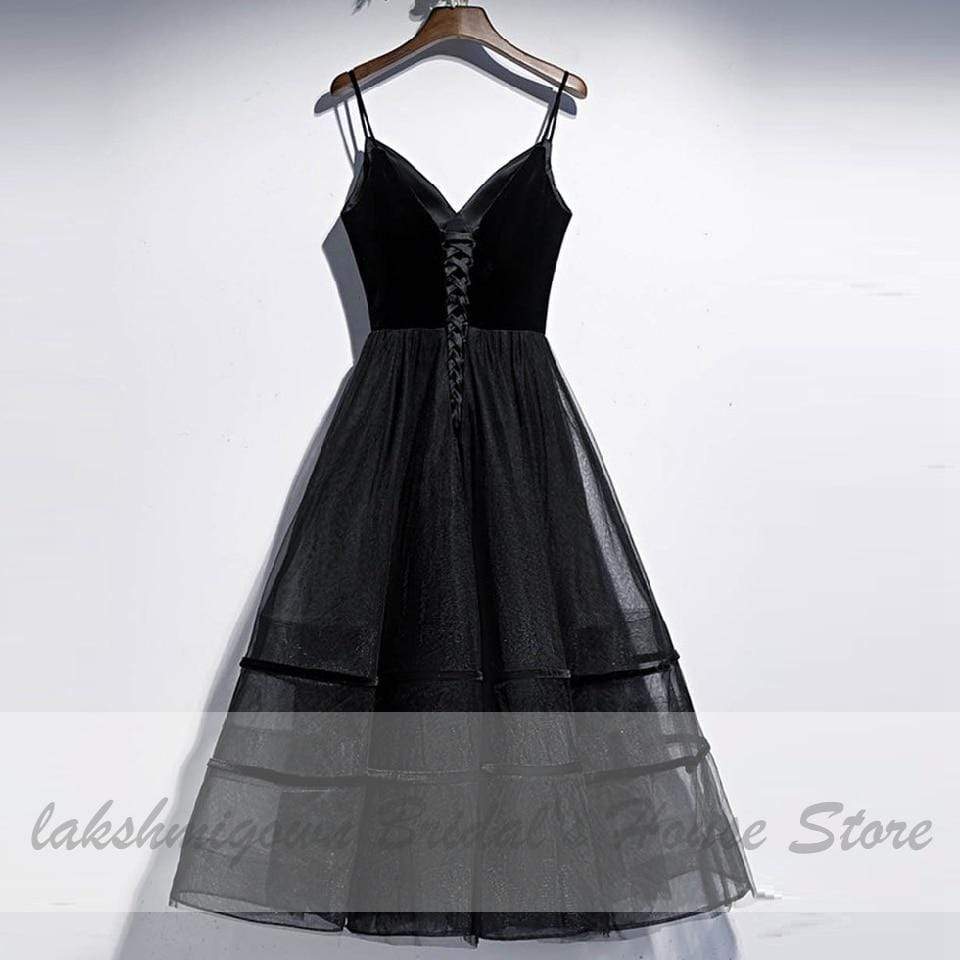 Black Wedding Dress Tea Length Velvet Lace Up Sexy - ROYCEBRIDAL OFFICIAL STORE