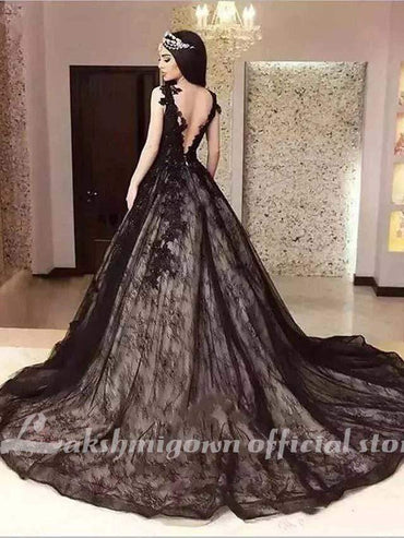 Black with Appliques Wedding Dresses Jewel Neck Court Train - ROYCEBRIDAL OFFICIAL STORE