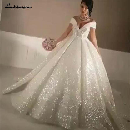 Bling Ball Gown Wedding Dresses Off Shoulder Sequined Lace - ROYCEBRIDAL OFFICIAL STORE